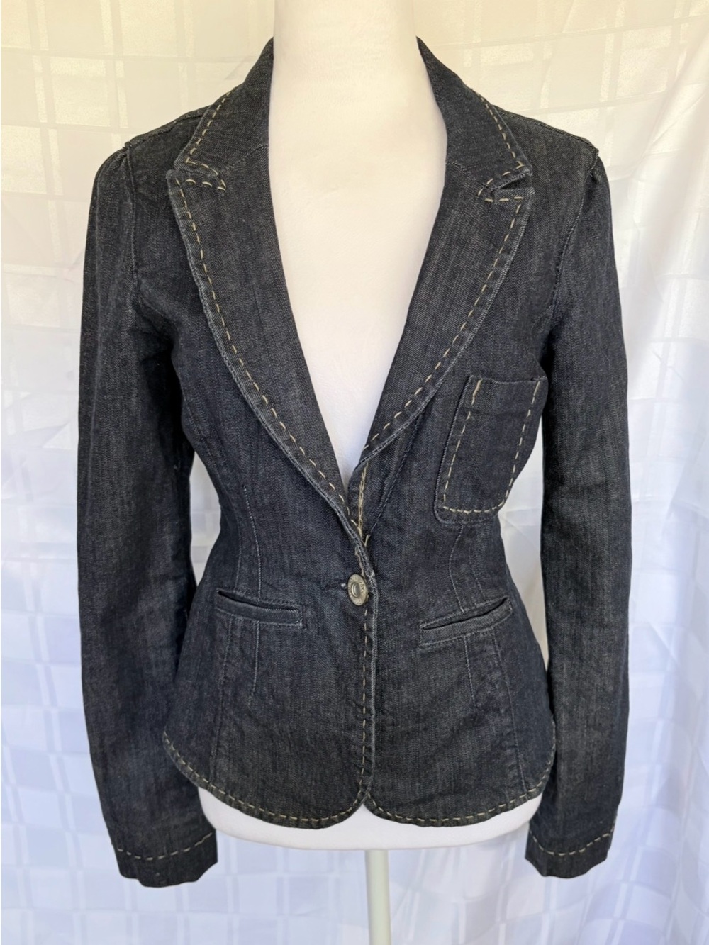 VTG Y2K Guess Jeans Dark Blue Denim Blazer with Contrast Topstitching Sz L - Picture 3 of 11